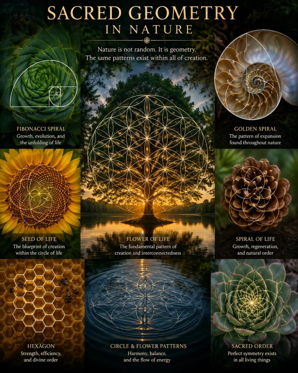 Sacred Geometry in Nature — Fibonacci spiral in aloe, golden spiral in nautilus shell, Seed of Life in a sunflower, Flower of Life, hexagons in honeycomb and sacred order in living things